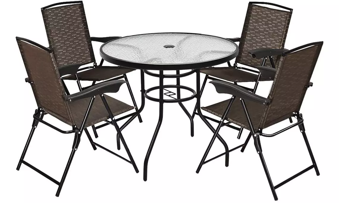 5PCS Bistro Patio Furniture Set 4 Folding Adjustable Chairs Glass Table W/Hole - Primary Image