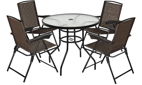 5PCS Bistro Patio Furniture Set 4 Folding Adjustable Chairs Glass Table W/Hole Brown