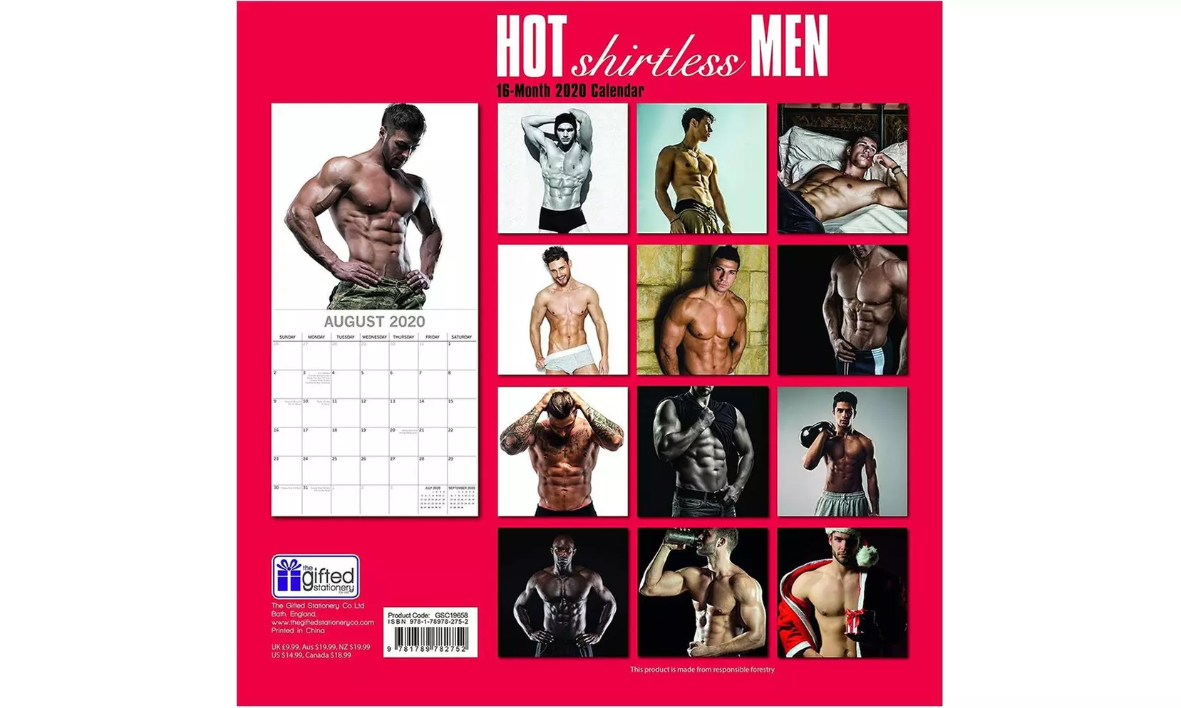 The Gifted Stationery 2020 Wall Calendar 12" 16-Mth, Hot Guys Hot Shirtless Men  - Primary Image