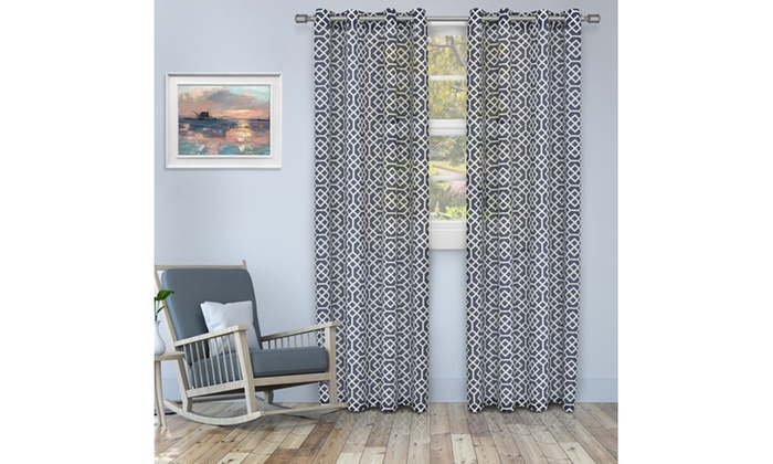 Navy Blue Honeycomb Printed Semi Sheer Curtain Set 52x63 52x84