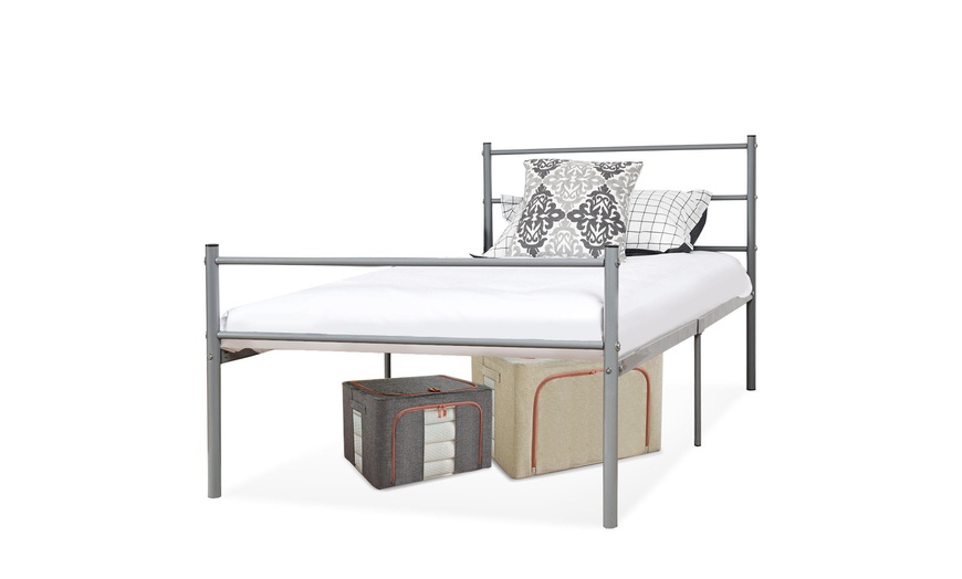 Image 17: Black Twin Size Metal Bed Frame Platform 6 Legs Headboards Furniture