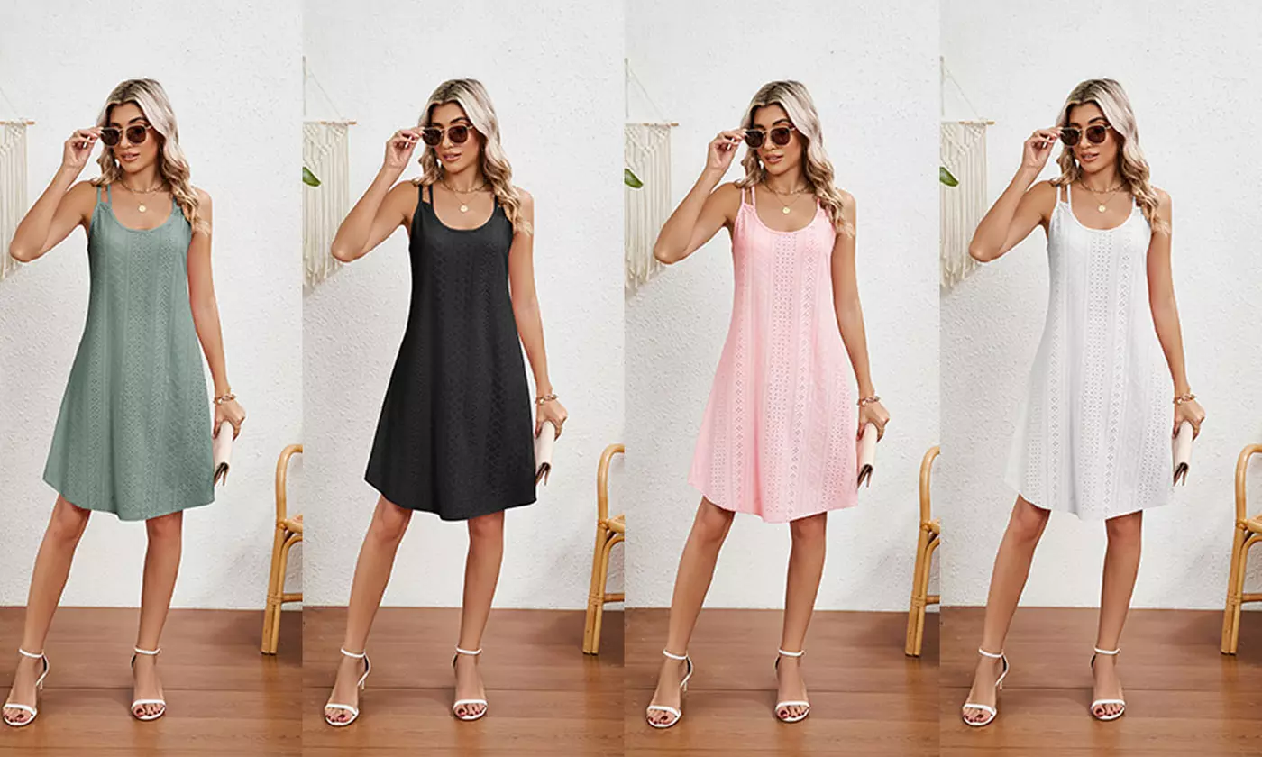 Women's Summer Scoop Neck Double Strap Tank Swing Midi Dress