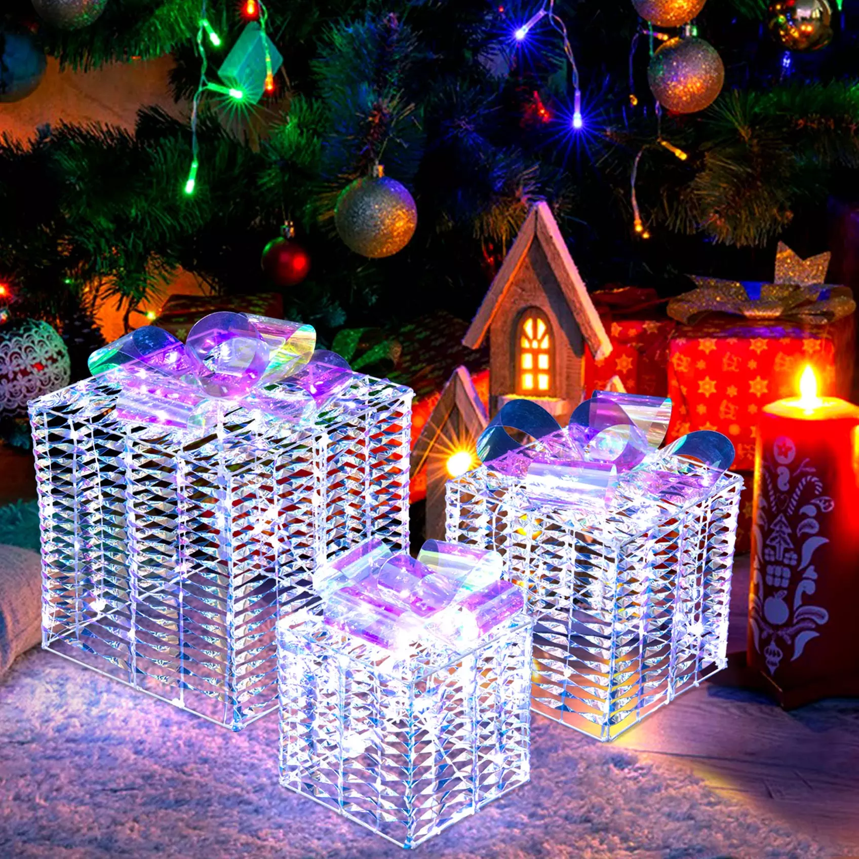 Costway 3 Sets Iridescent Christmas Gift Box LED Lighted Present Box Decor Yard