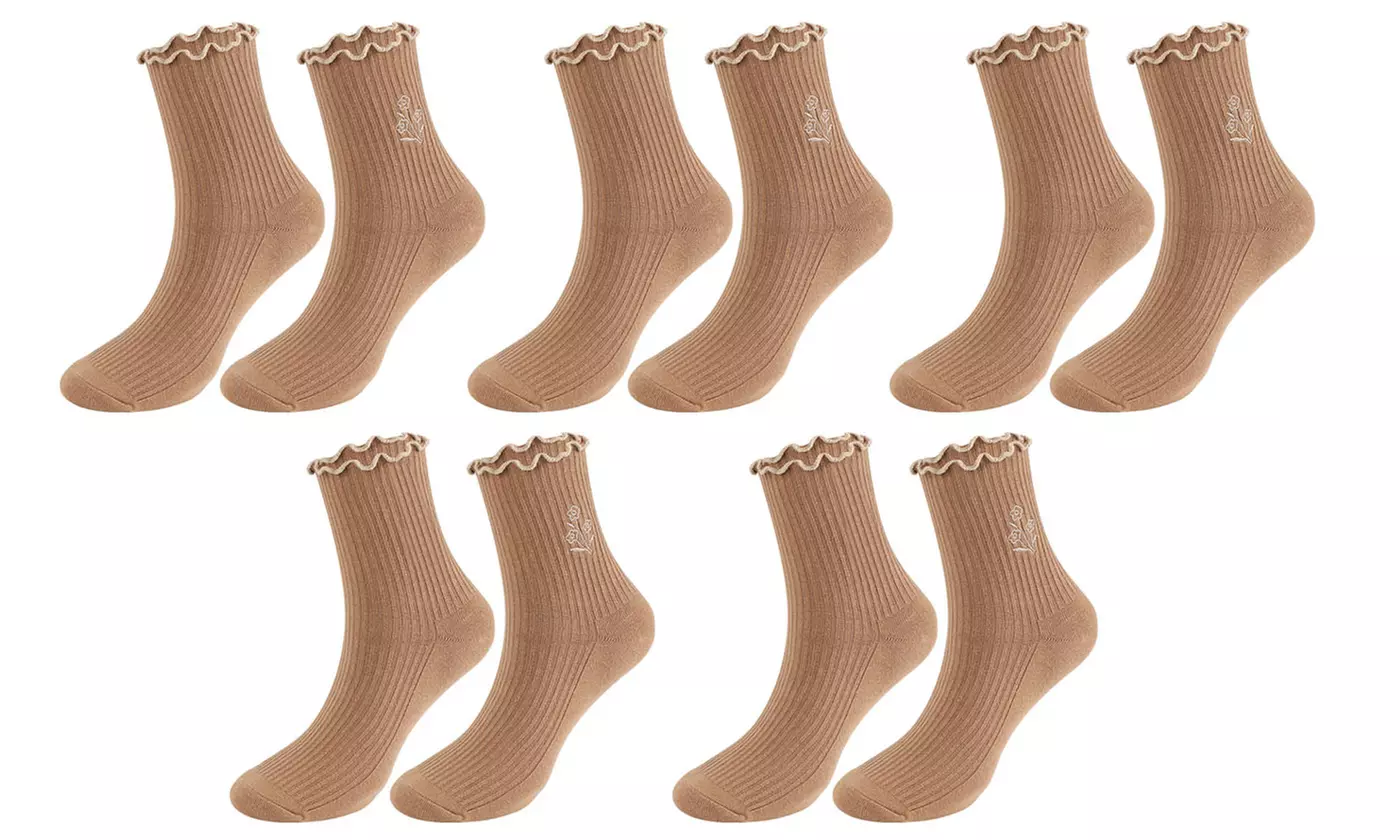 Womens Breathable Cotton Knit Ruffle Turn-Cuff Casual Ankle Socks(5 Packs)