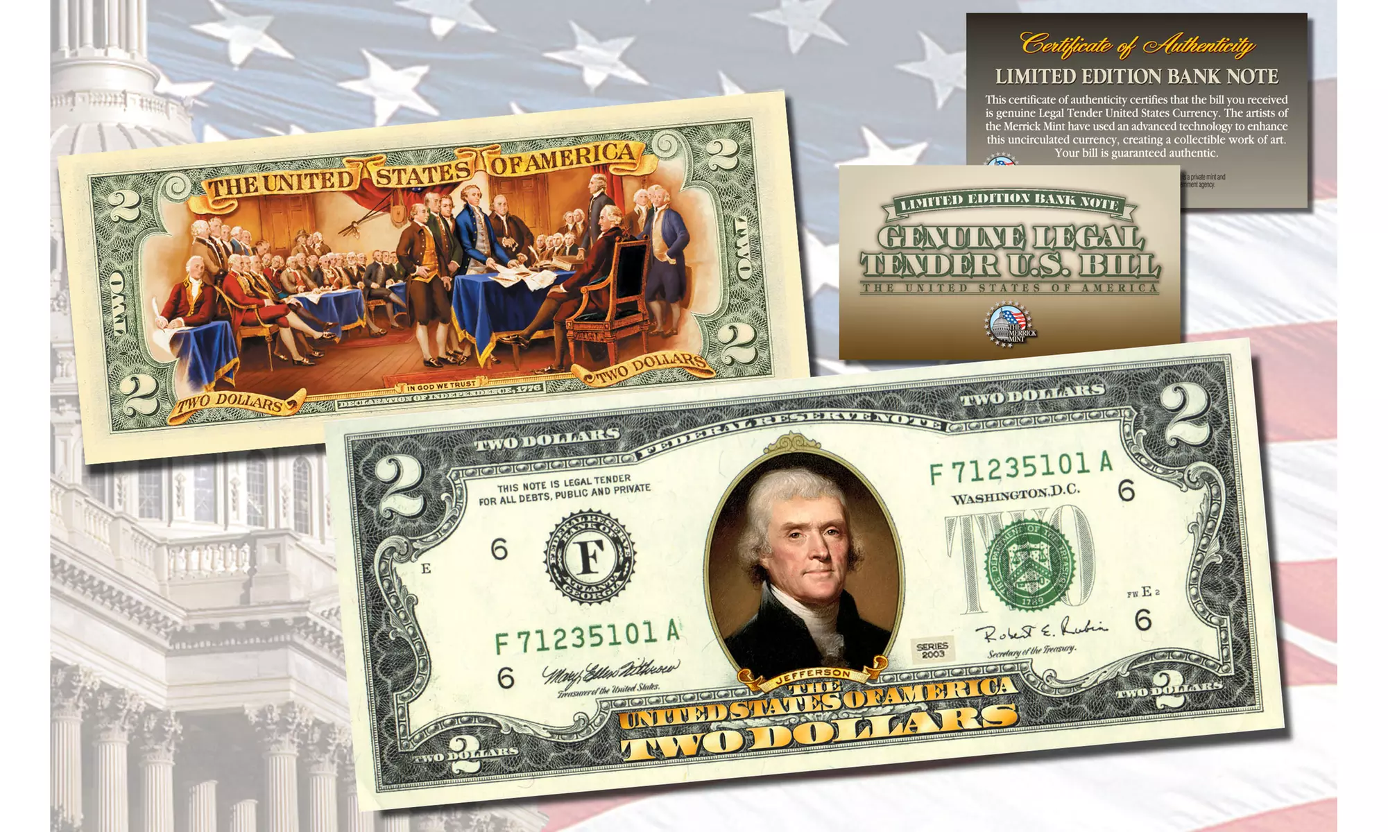 Colorized Two-Sided U.S. One or Two Bill Genuine Legal Tender Currency