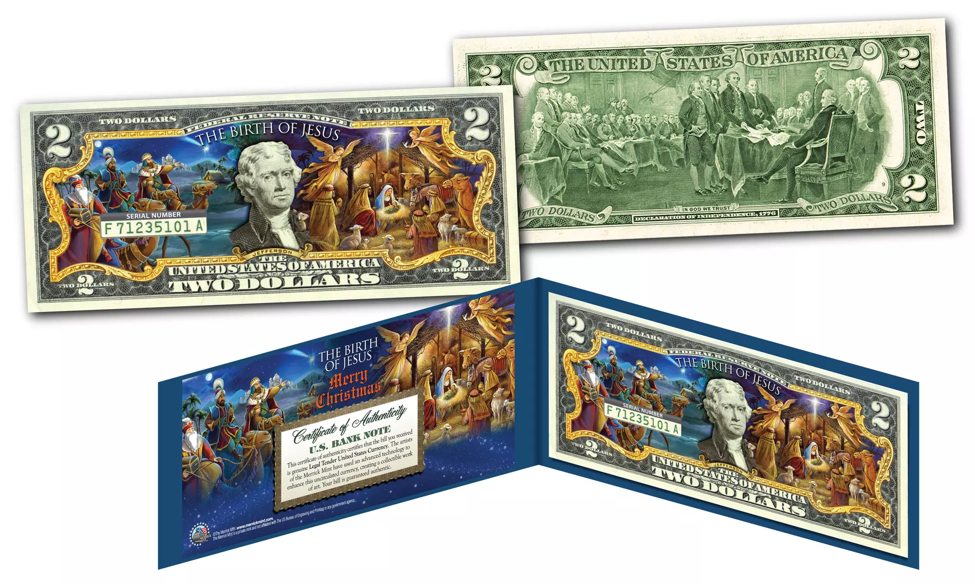 Birth of Jesus Christ - NATIVITY - Christmas - Colorized Genuine Two Dollar Bill - Primary Image