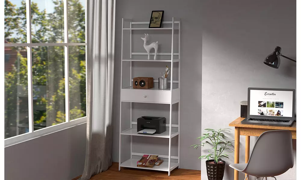 5 Tier Tall Bookcase Ladder Shelf with Drawers, , Modern Open Book Case - Primary Image