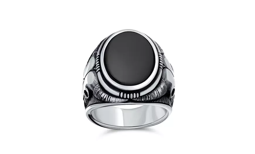 Mens Signet Tiger selling Eye Onyx Buffalo Cow Antelope Skull Ring 925 Silver