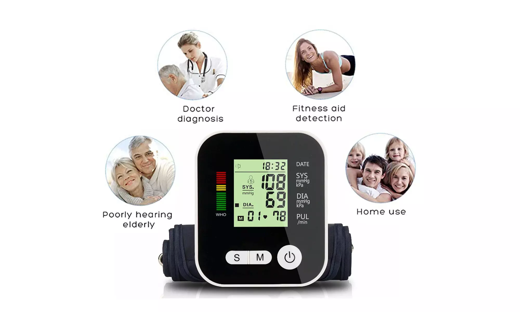 Arm Blood Pressure Monitor; Large LCD, 2-User Memory, Adjustable Cuff