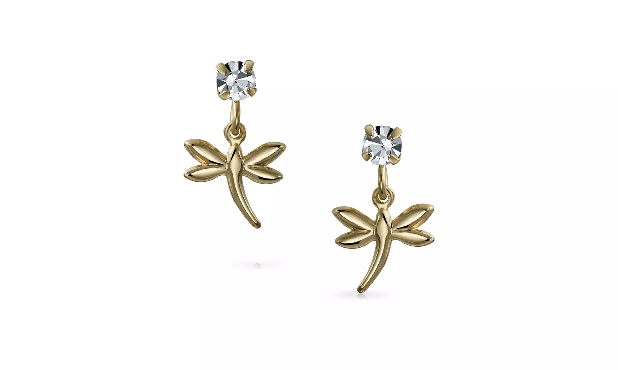 Garden Insect White Crystal Dangle Dragonfly Earrings Gold Plated - Second Medium