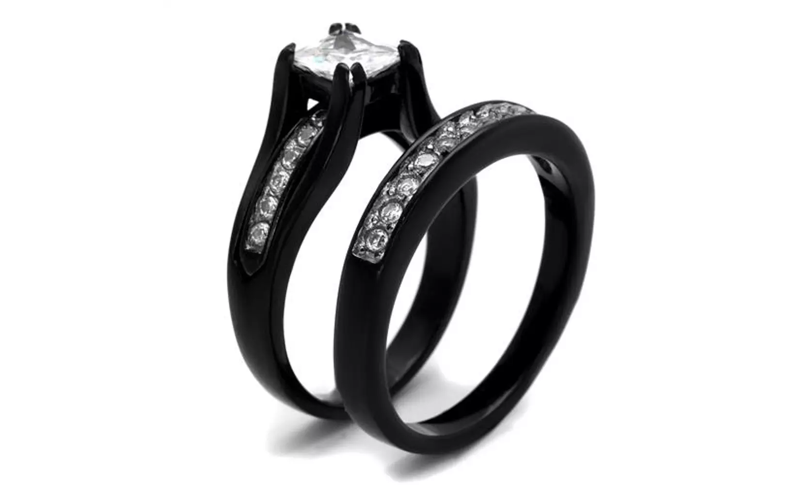 2.10ct Princess Cut Cubic Zirconia and Black Stainless Steel Wedding Ring Set