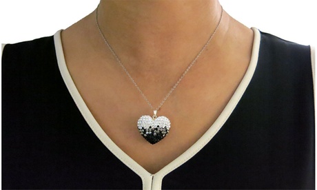 Black And White Crystal Bubble Heart Necklace Made With Crystals From Swarovski Crystal Black and White Sterling Silver