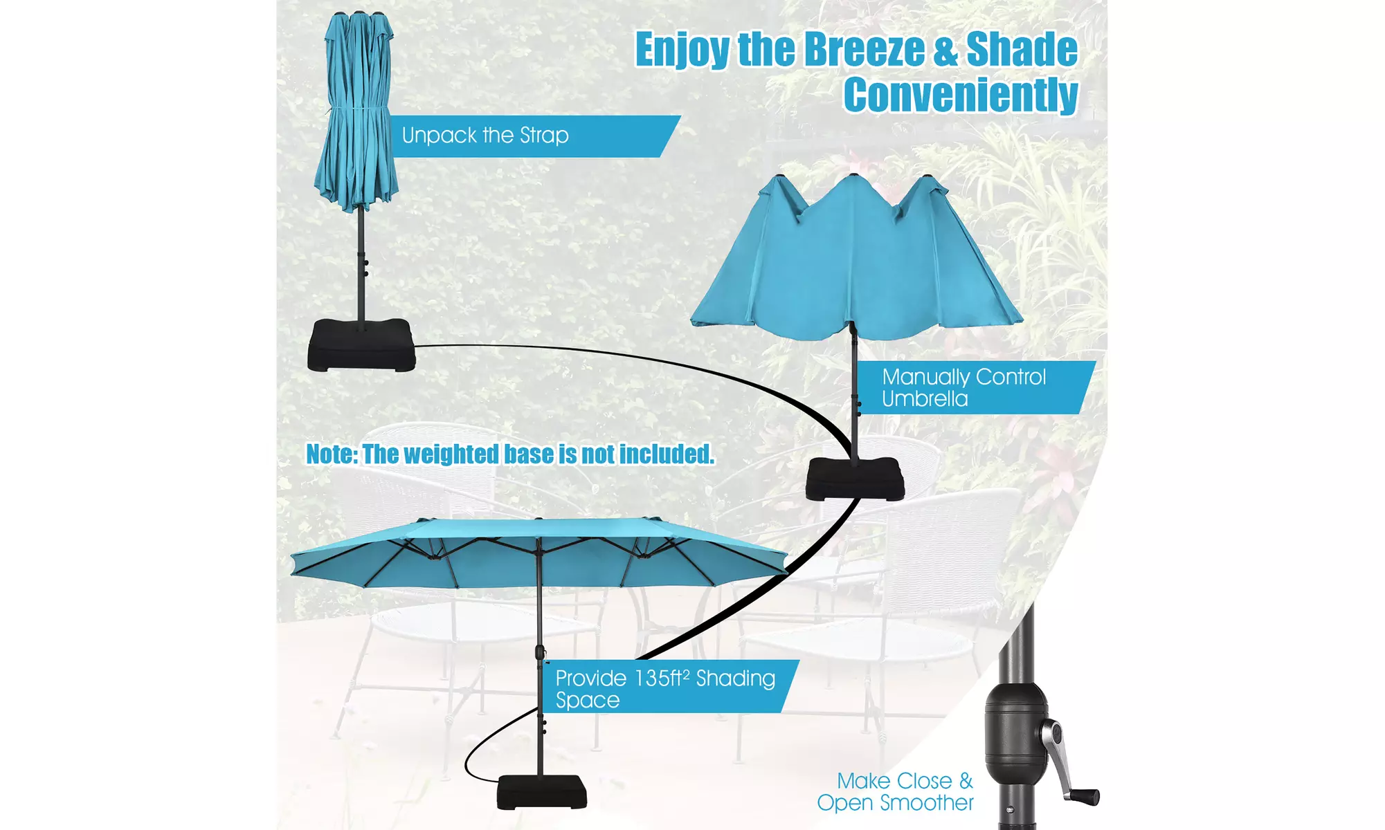 Costway 15FT Patio Double-Sided Umbrella Crank Outdoor Garden Market Sun Shade