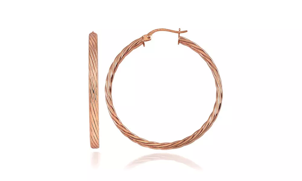 Rose Gold Flash Sterling Silver 3mm Twist Design Polished Hoop Earrings, 35mm - Primary Image