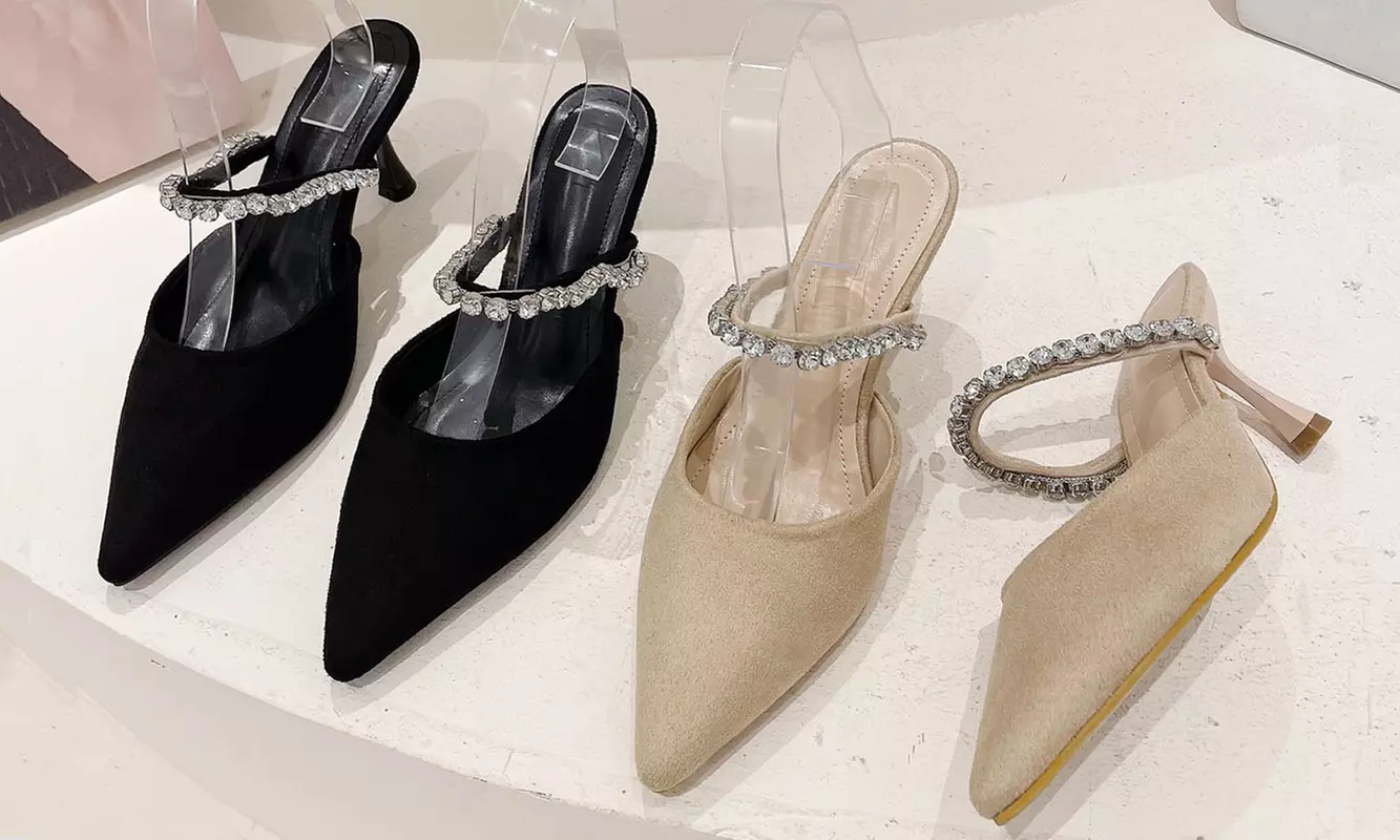 Women Elegant Rhinestone Strap Slip On Suede High-heeled Mules for Holiday Party
