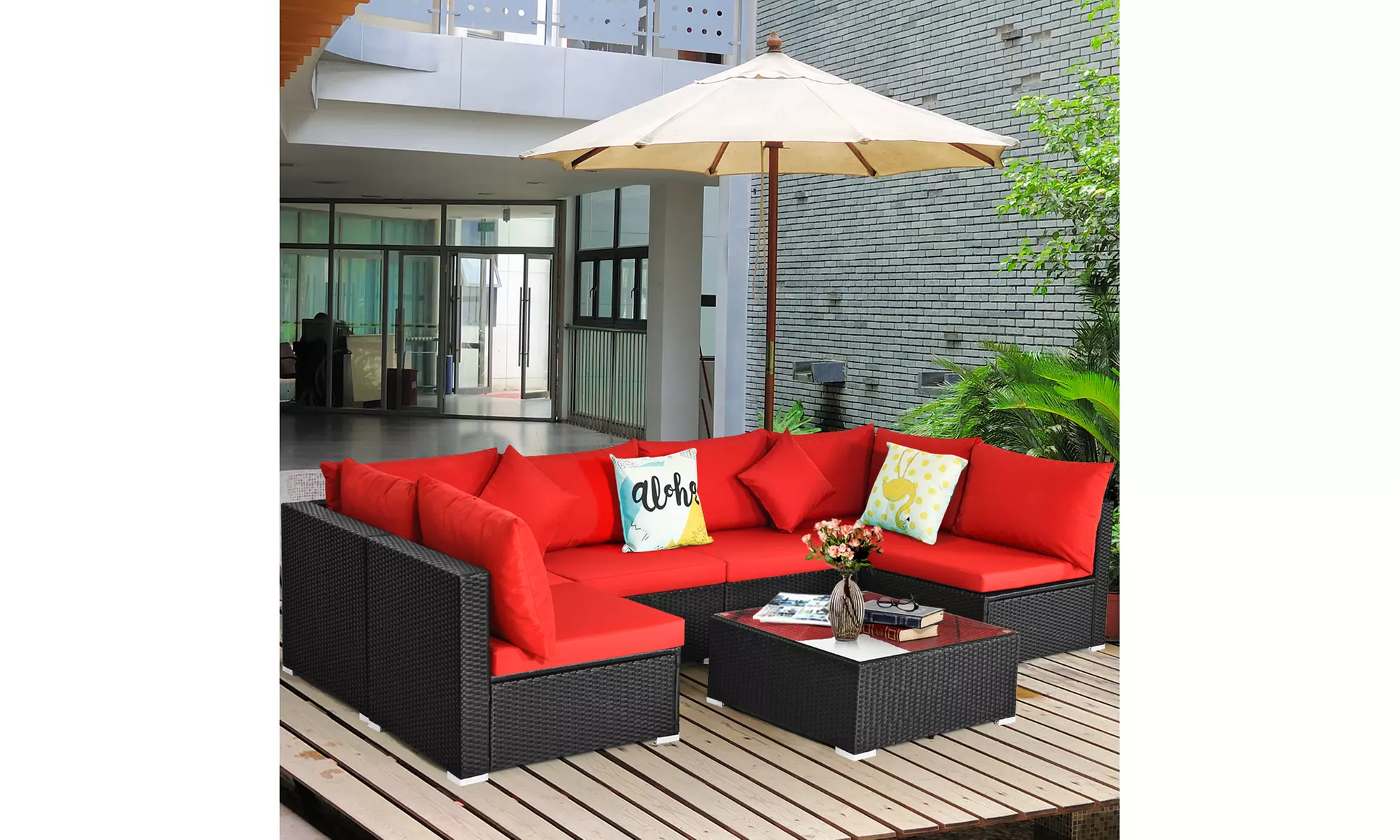 Costway 7PCS Patio Rattan Sofa Set Sectional Conversation Furniture Set Garden