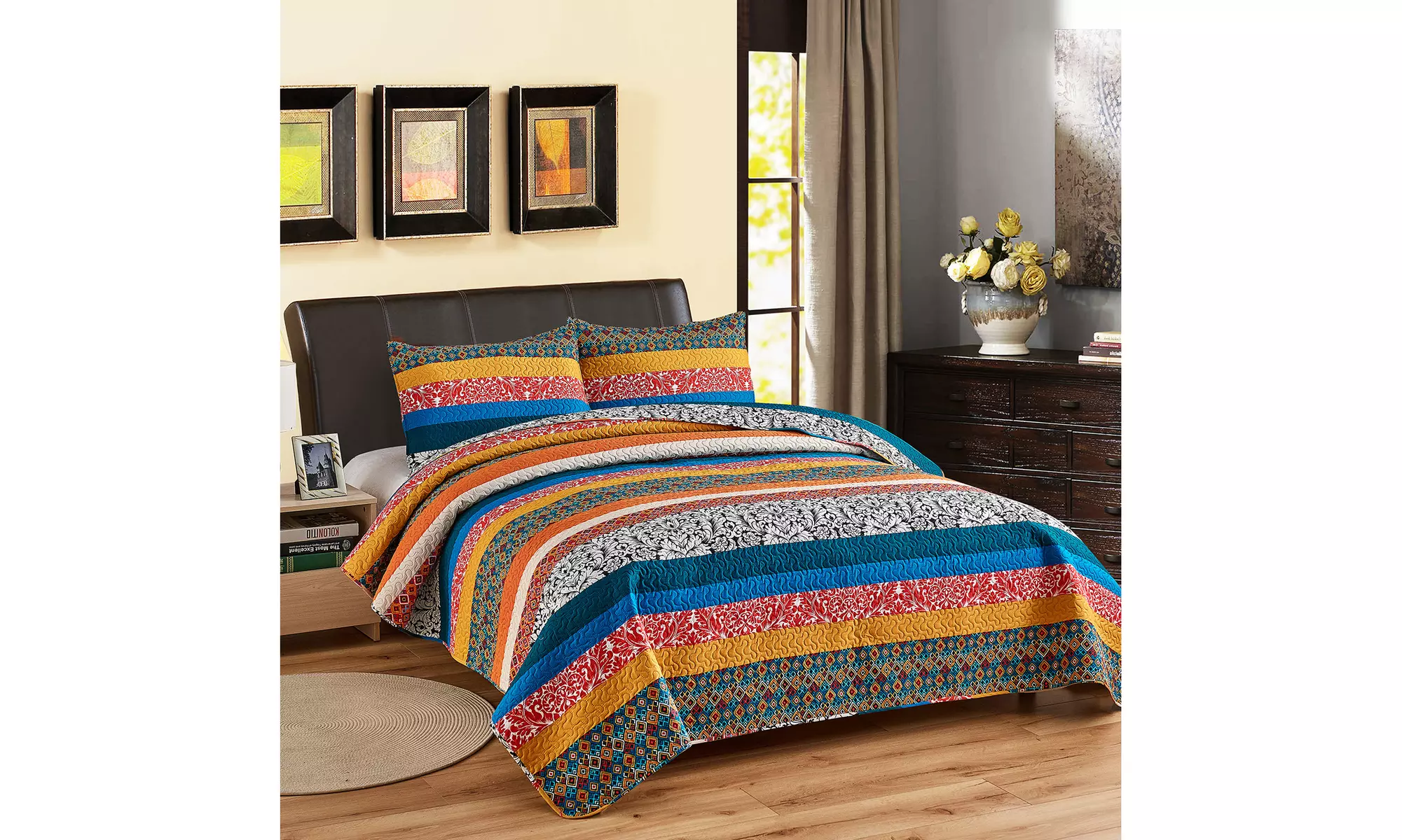 JML 3-Piece Reversible Quilt Set,Home Collection Printed Bedspread With 2 Shams