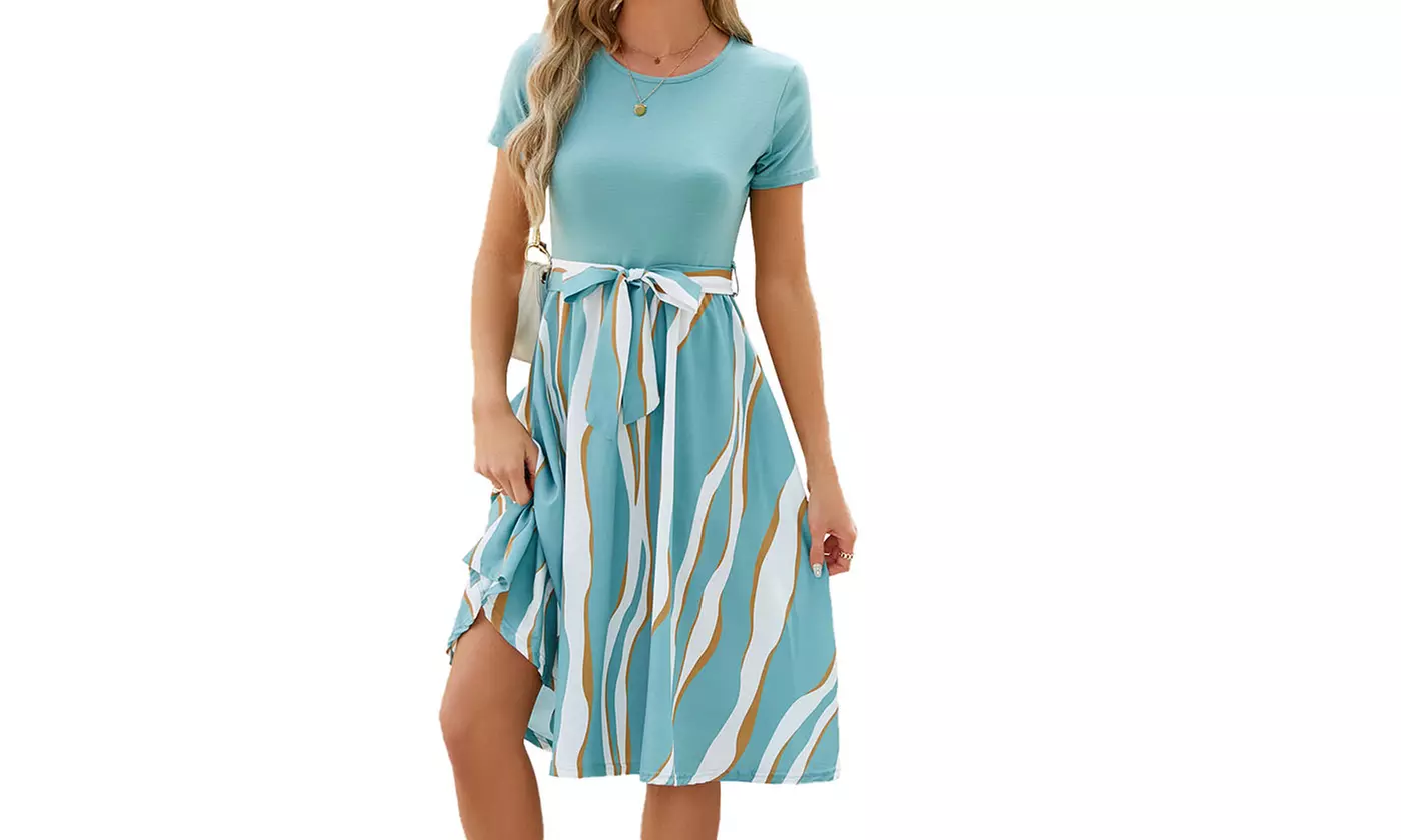 Women's Two Tone Belted A Line Dress