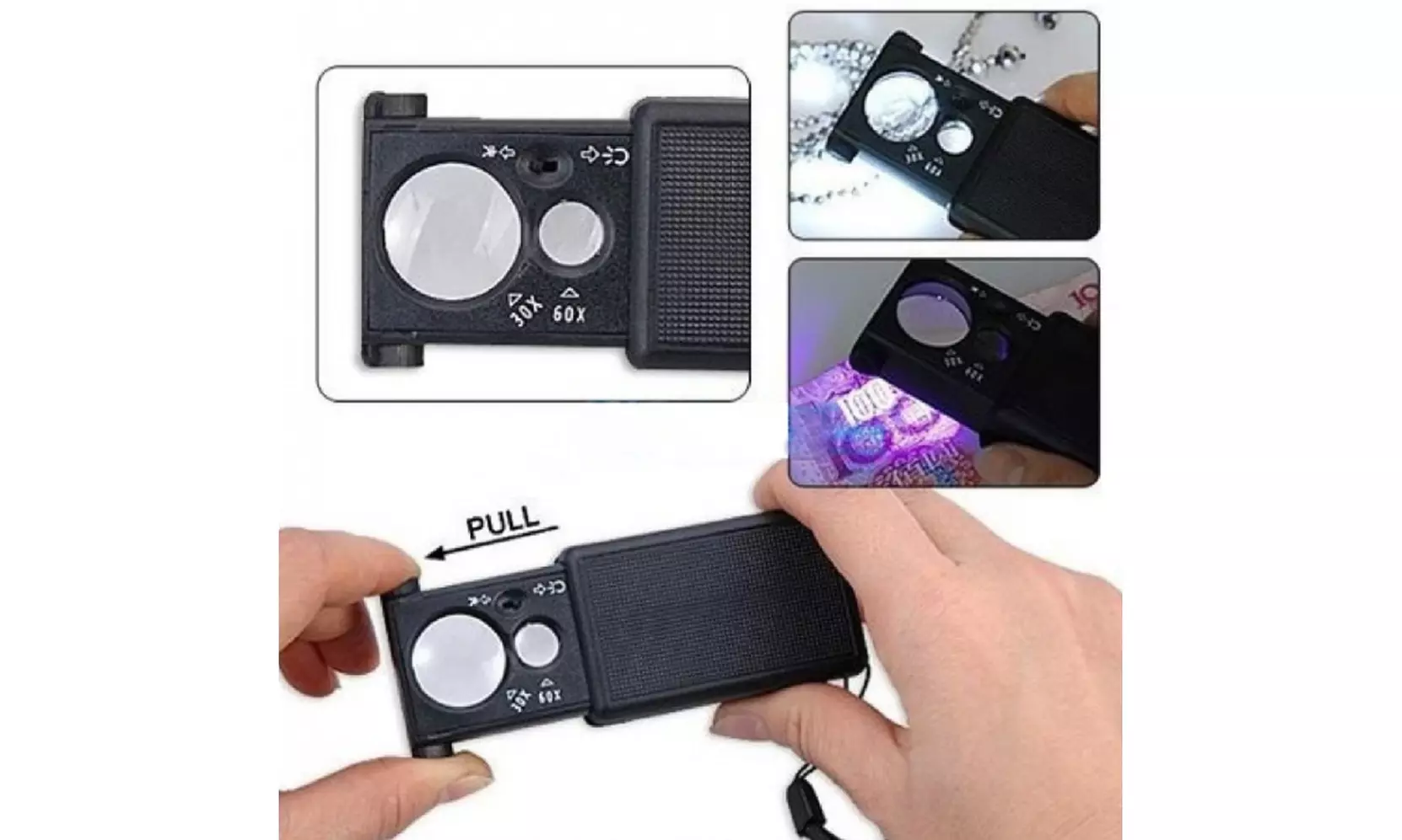 30X 60X Pocket Magnifier Magnifying Glass Hand Magnifier LED Lighted Slide Out - Primary Image