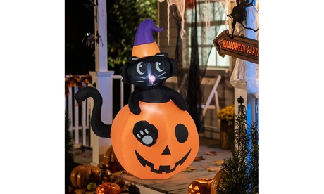 Costway 5 FT Tall Halloween Inflatable Decor Black Cat In Pumpkin LED Lights