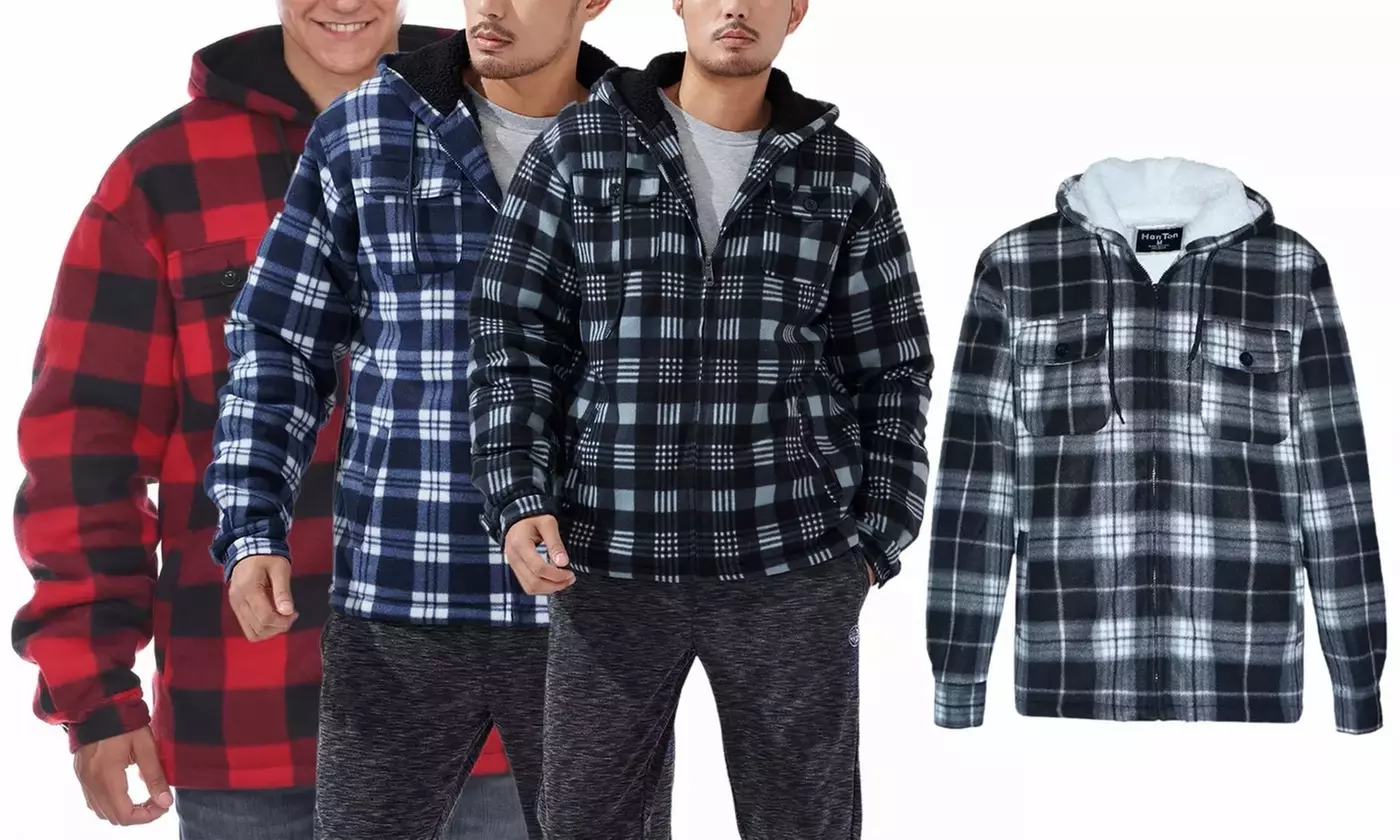 Lee Hanton Men's Hooded Sherpa Lined Fleece Plaid Jacket (S-5XL) - Primary Image