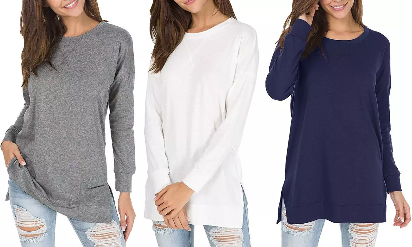 Women's Autumn Long Sleeve Side Split Loose Comfortable Tunic Tops - Primary Image