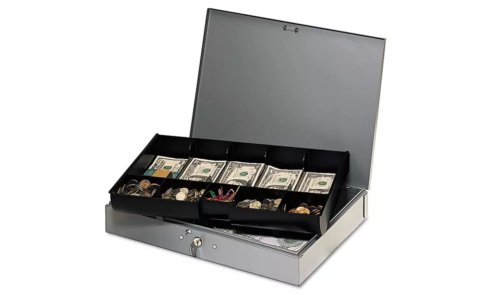 Mmf Industries Extra Wide Steel Cash Box W/10 Compartments, Key Lock - Primary Image