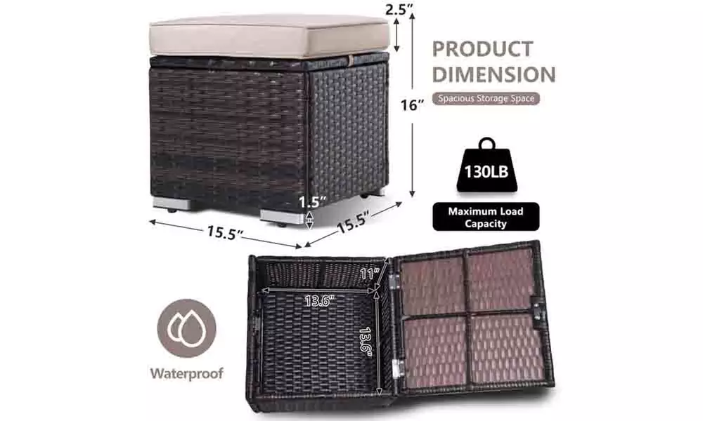 2 Pieces Outdoor Ottoman Patio Foot Rest PE Rattan Foot Stool with Storage