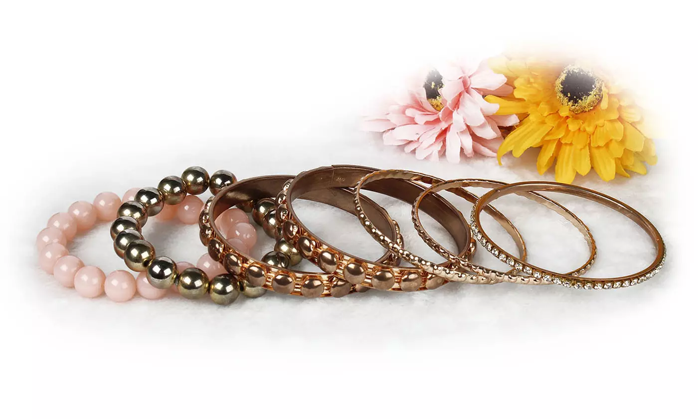Retro Burnished Gold Inlaid Rhinestones Bangle Bracelet Set (7-Piece)