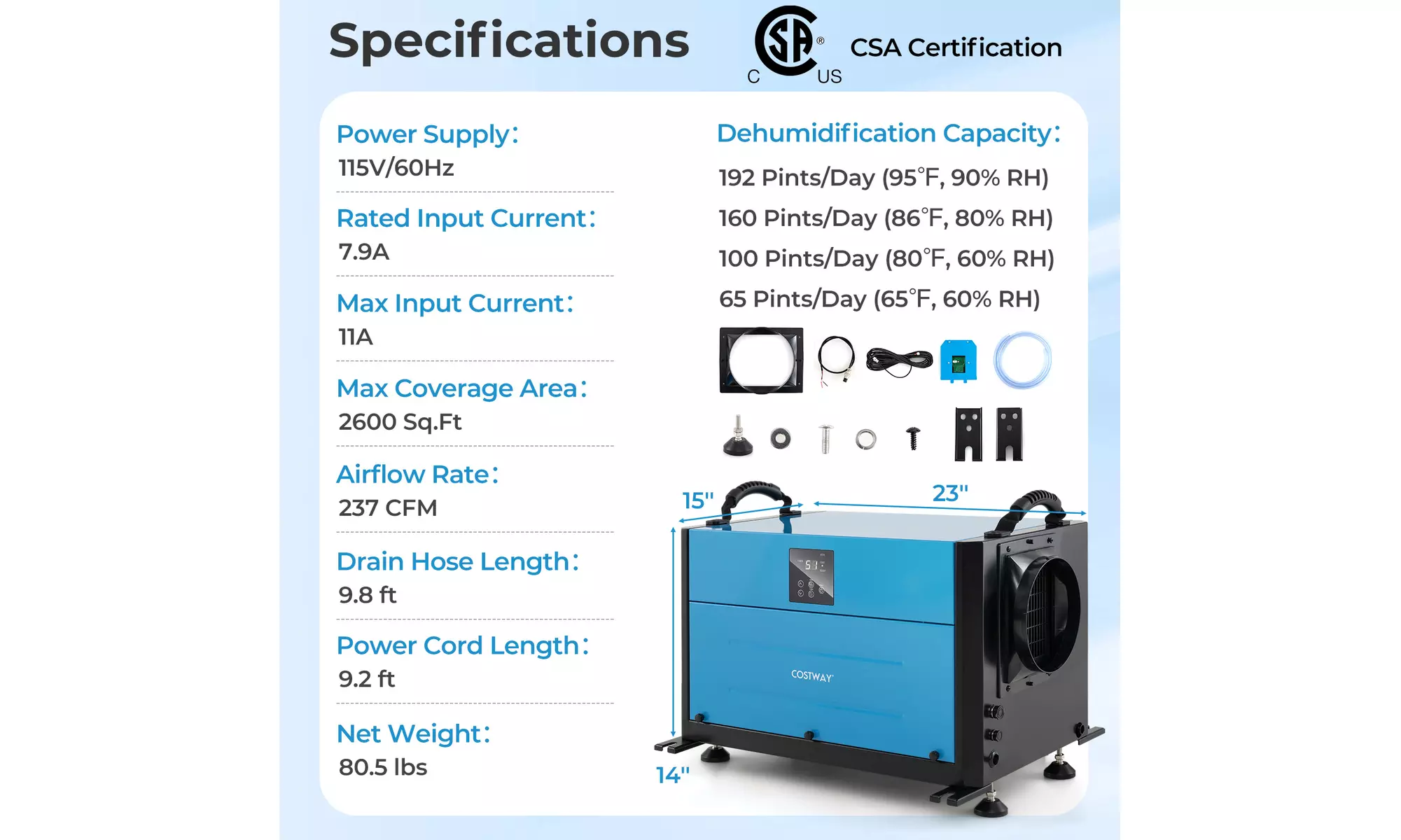 Costway Crawl Space Dehumidifier Commercial Dehumidifier w/ 3 Modes & 24H Timer