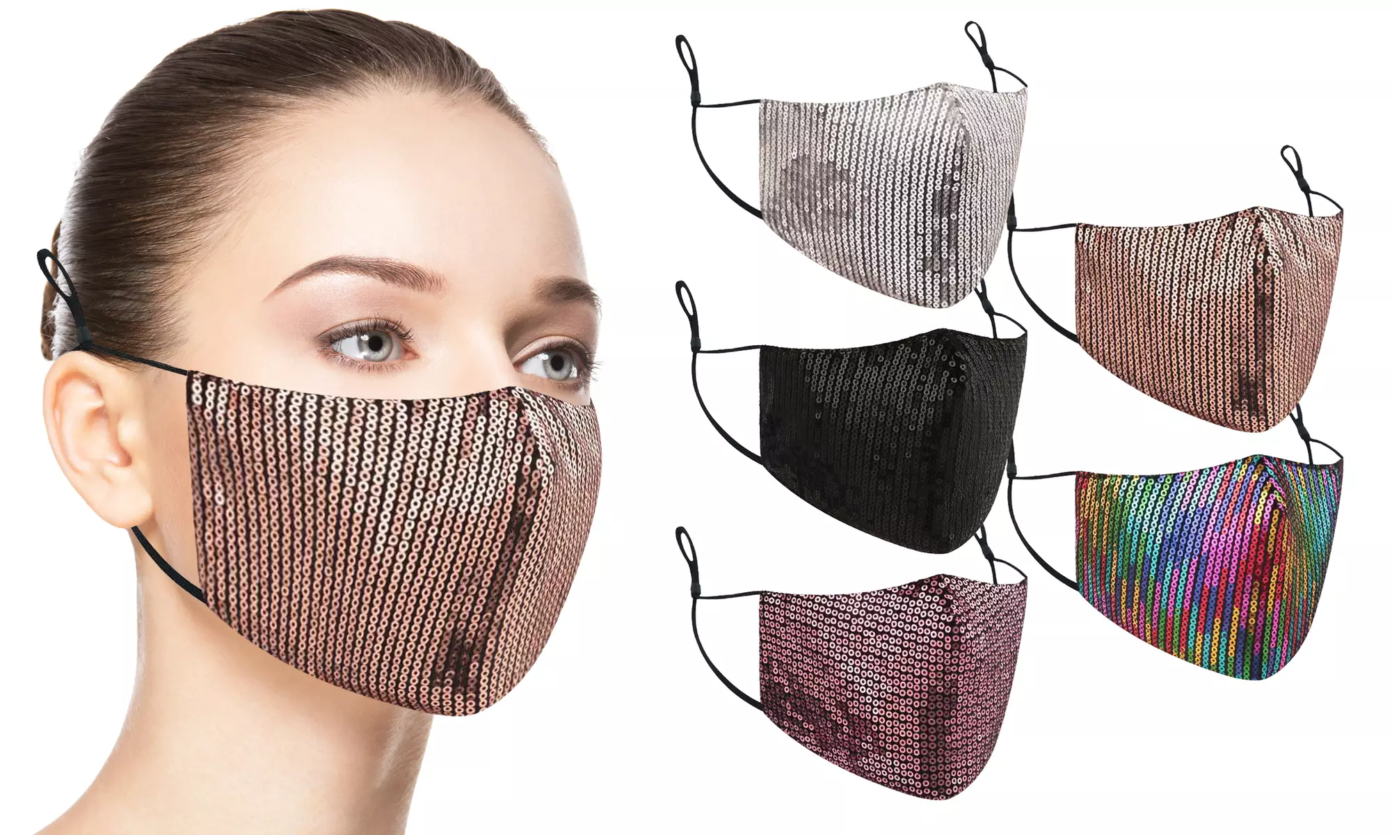 5 Pack : Sequined Cotton Fashion Face Masks With Adjustable Ear Loops - Primary Image
