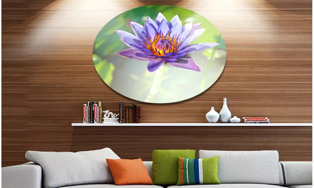 Huge Purple Lotus on Green Background' Large Flower Oversized Metal Circle - Primary Image