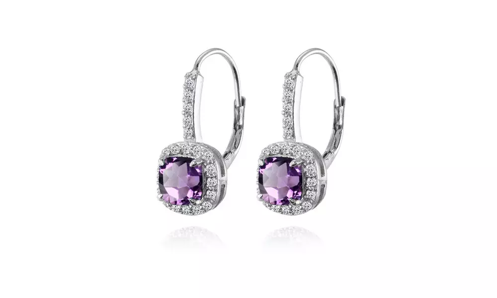 Sterling Silver Amethyst & White Topaz Cushion-cut Leverback Earrings