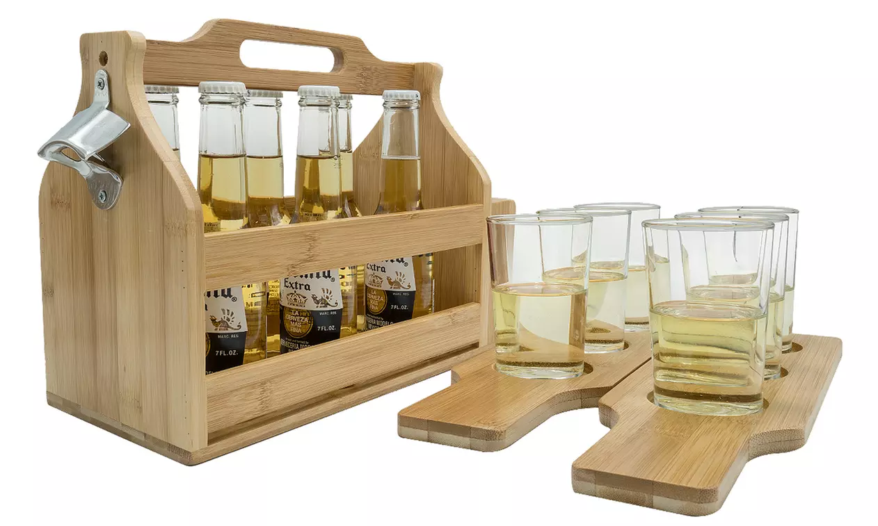 Sorbus Wooden Bottle Caddy Drink Holder - Beer Carrier, Opener & Sampler Boards - Primary Image