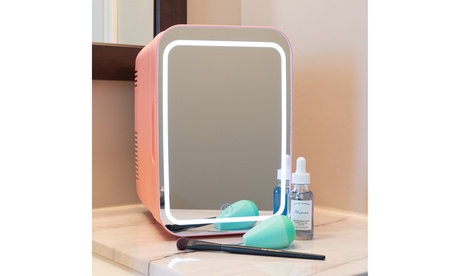 Mini Self Care Refrigerator LED Lighted Mirror 6 Can 12 V Or Plug In White