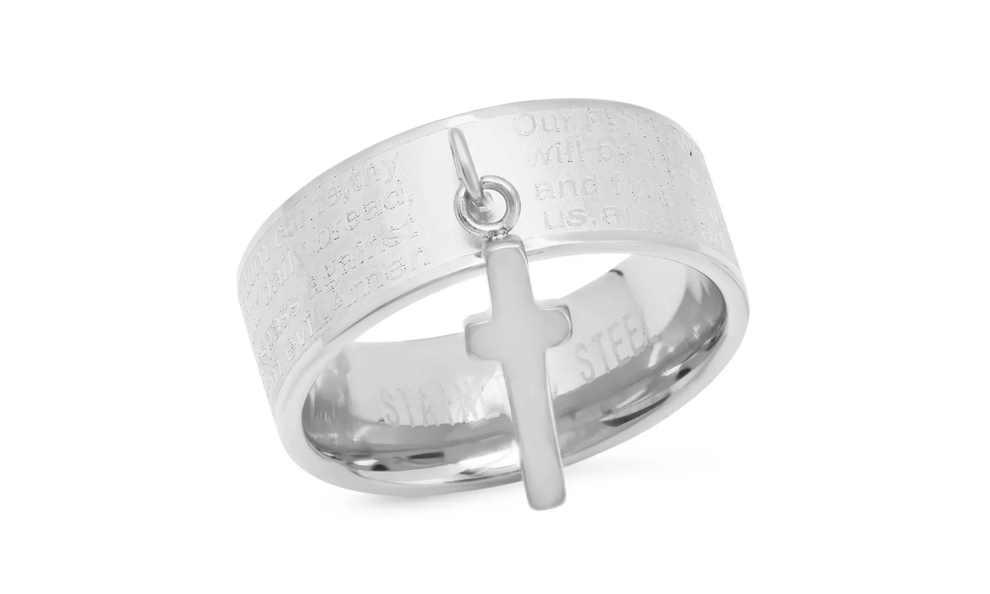 Ladies Stainless Steel Our Father English Prayer Band Ring With Cross Charm