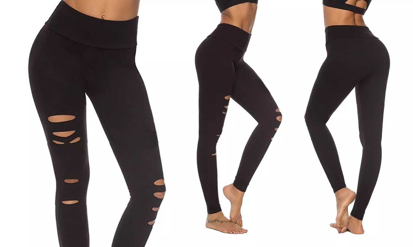 Women Ripped Tummy Control Leggings High Waist Elastic Yoga Pants Cutout Workout - Primary Image