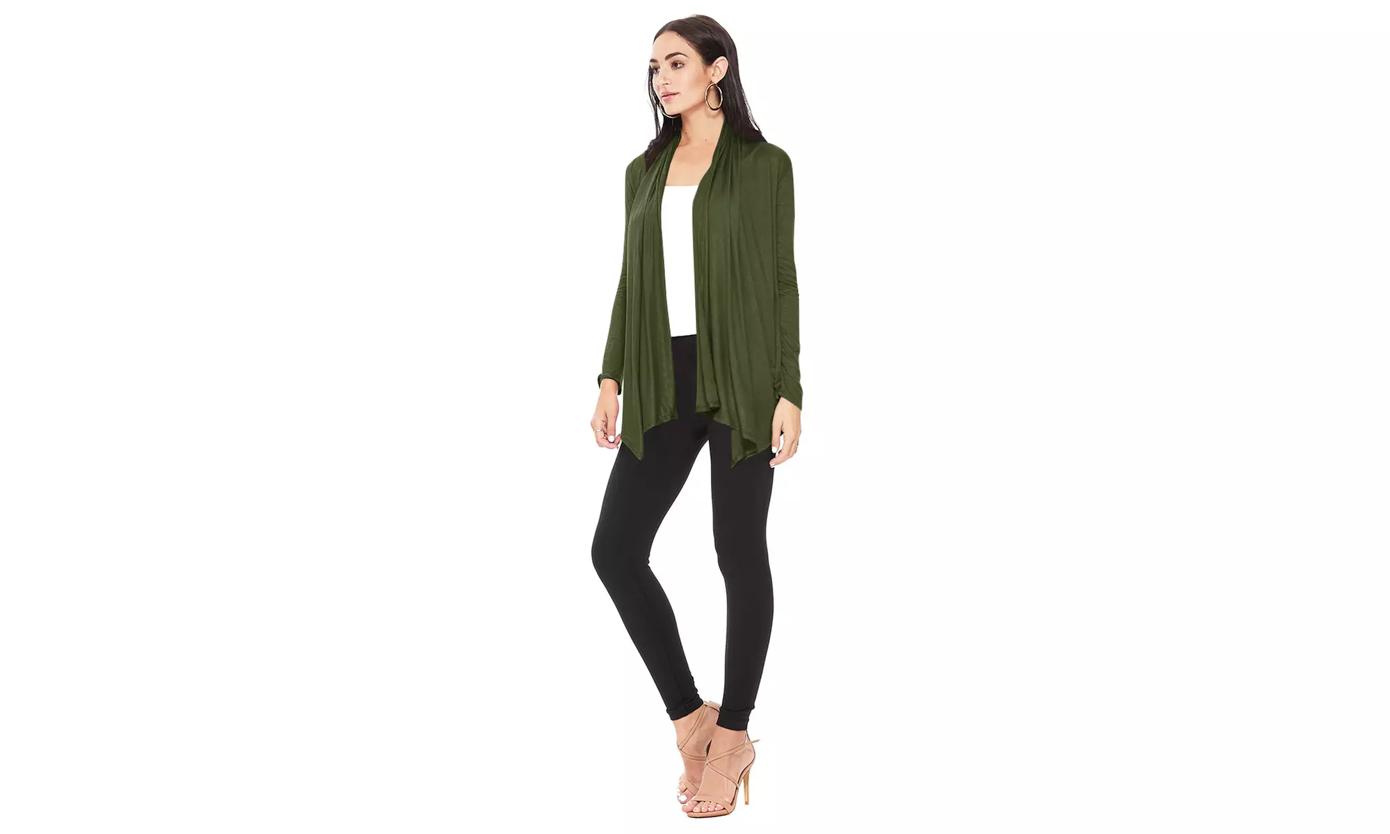 Long Sleeve Relaxed Loose Fit Draped Neck Open Front Waist Length Solid Cardigan