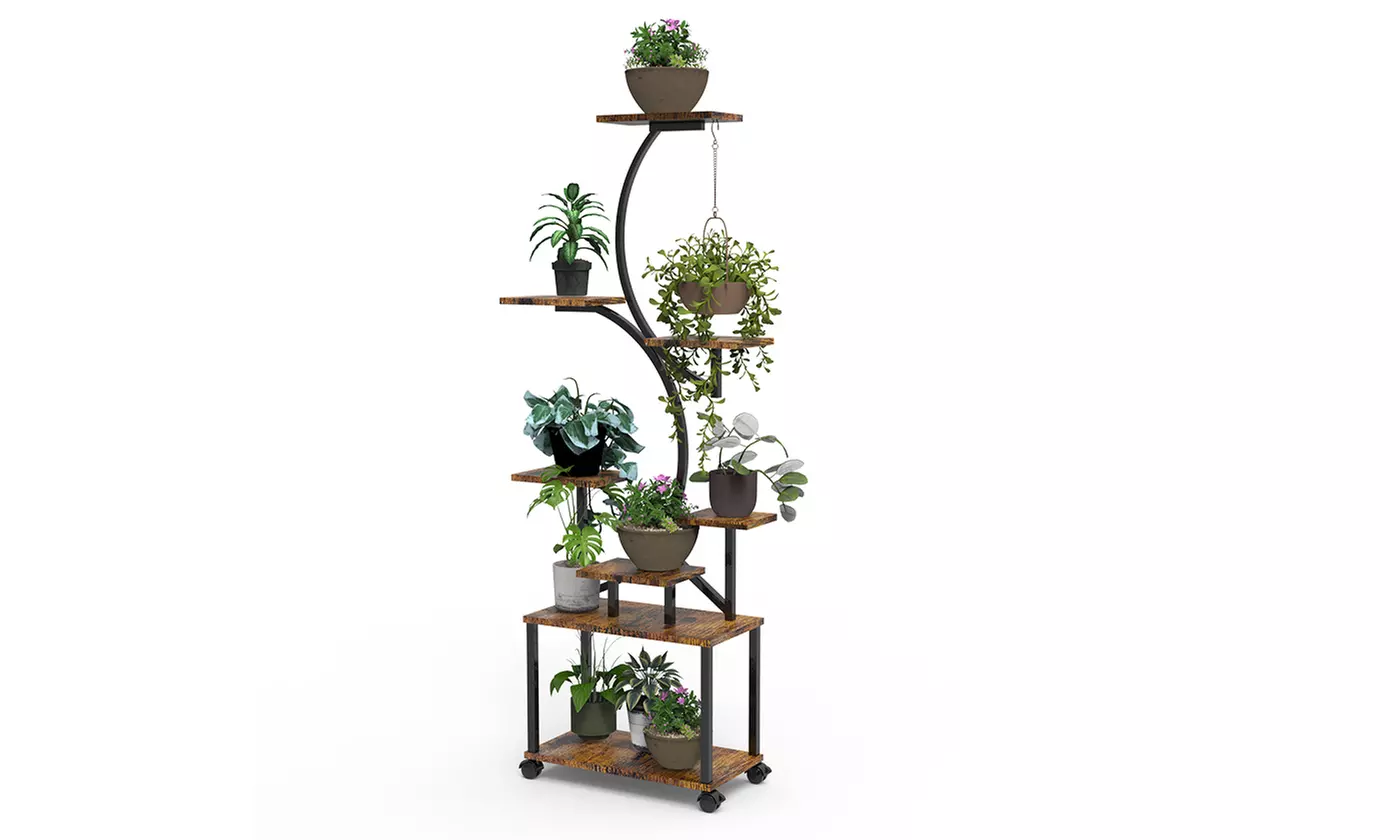iMounTEK 8-Tier S-Shaped Metal Plant Stand with Grow Lights & Rolling Wheels