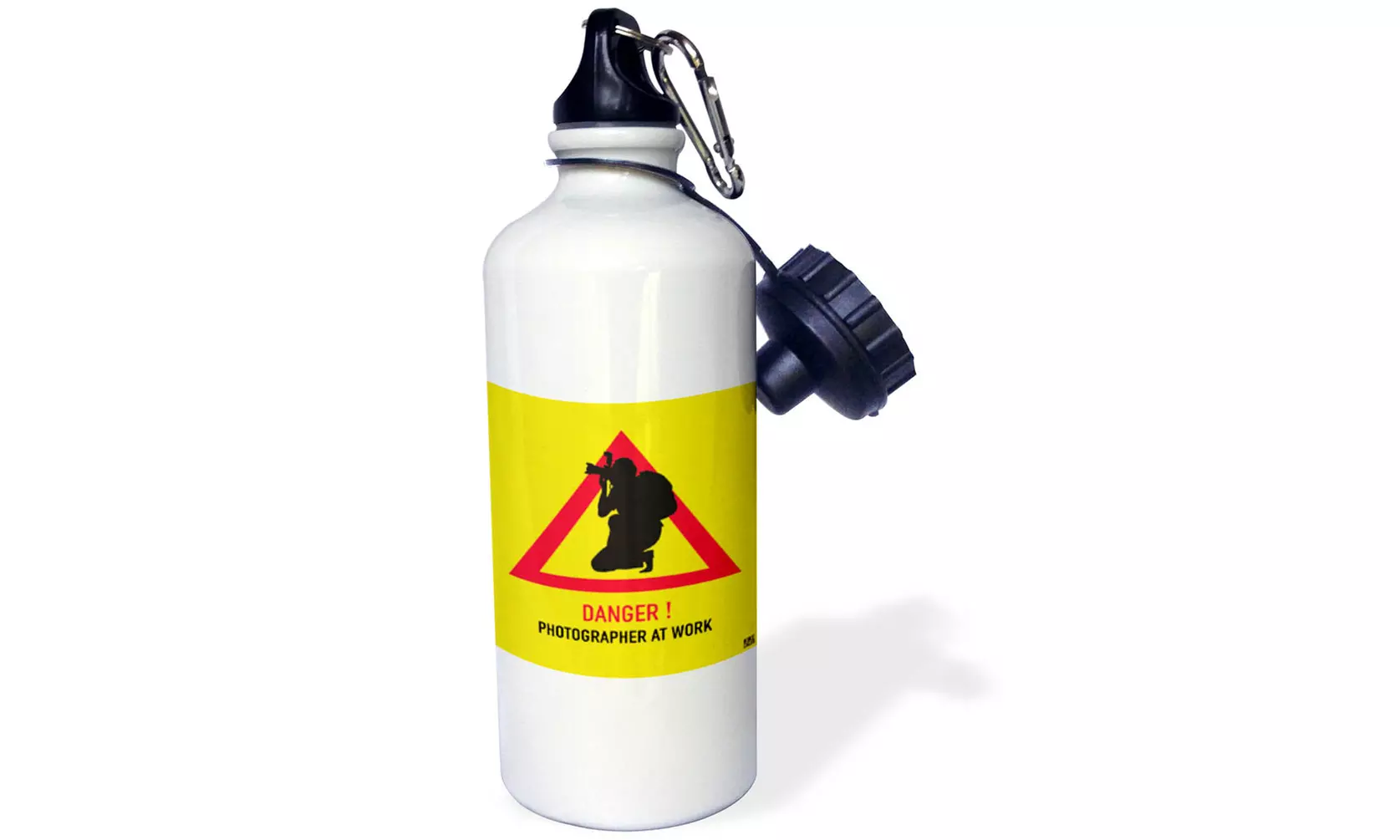  Water Bottle Danger.Photographer at work.Mixed text color, red triangle, black  - Primary Image