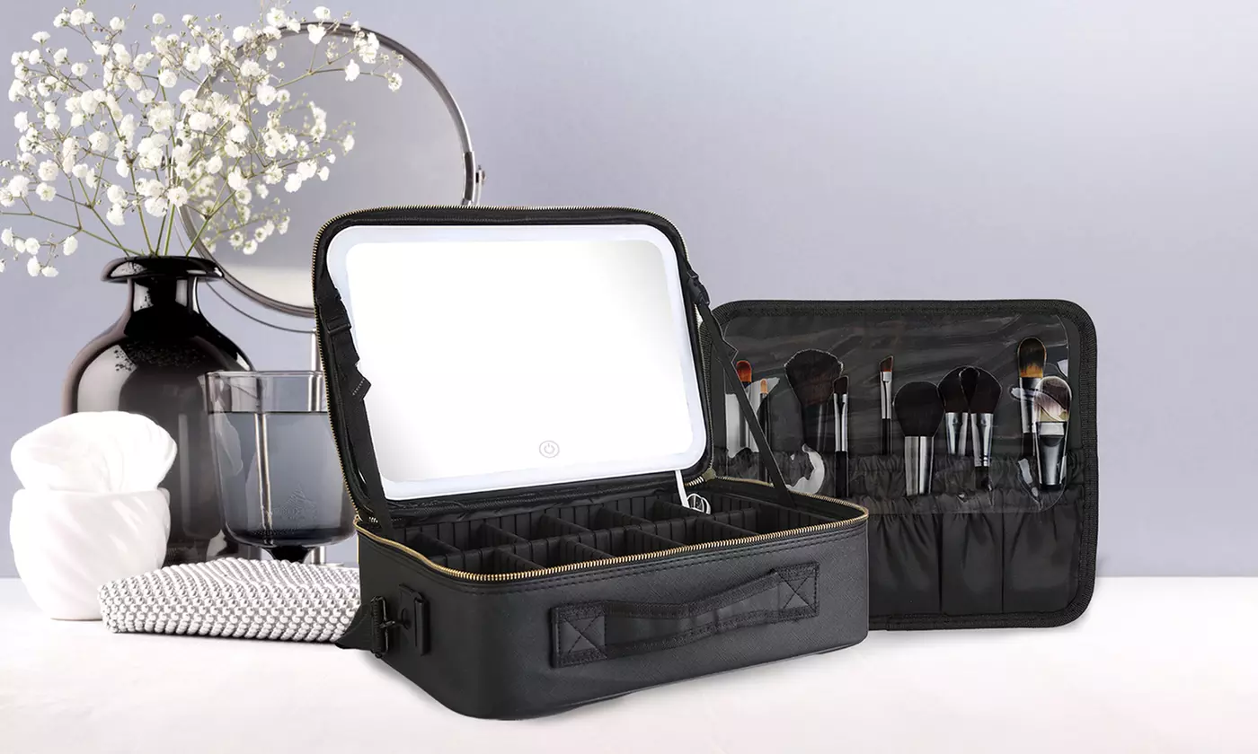 N'POLAR Travel Makeup Bag with Adjustable Dividers, LED Mirror and Brush Holder