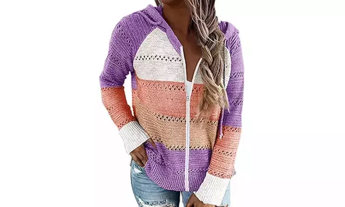 Women's Color Block Hoodies Tunics Casual Hollow Out Long Sleeve Tops Jacket - Second Medium