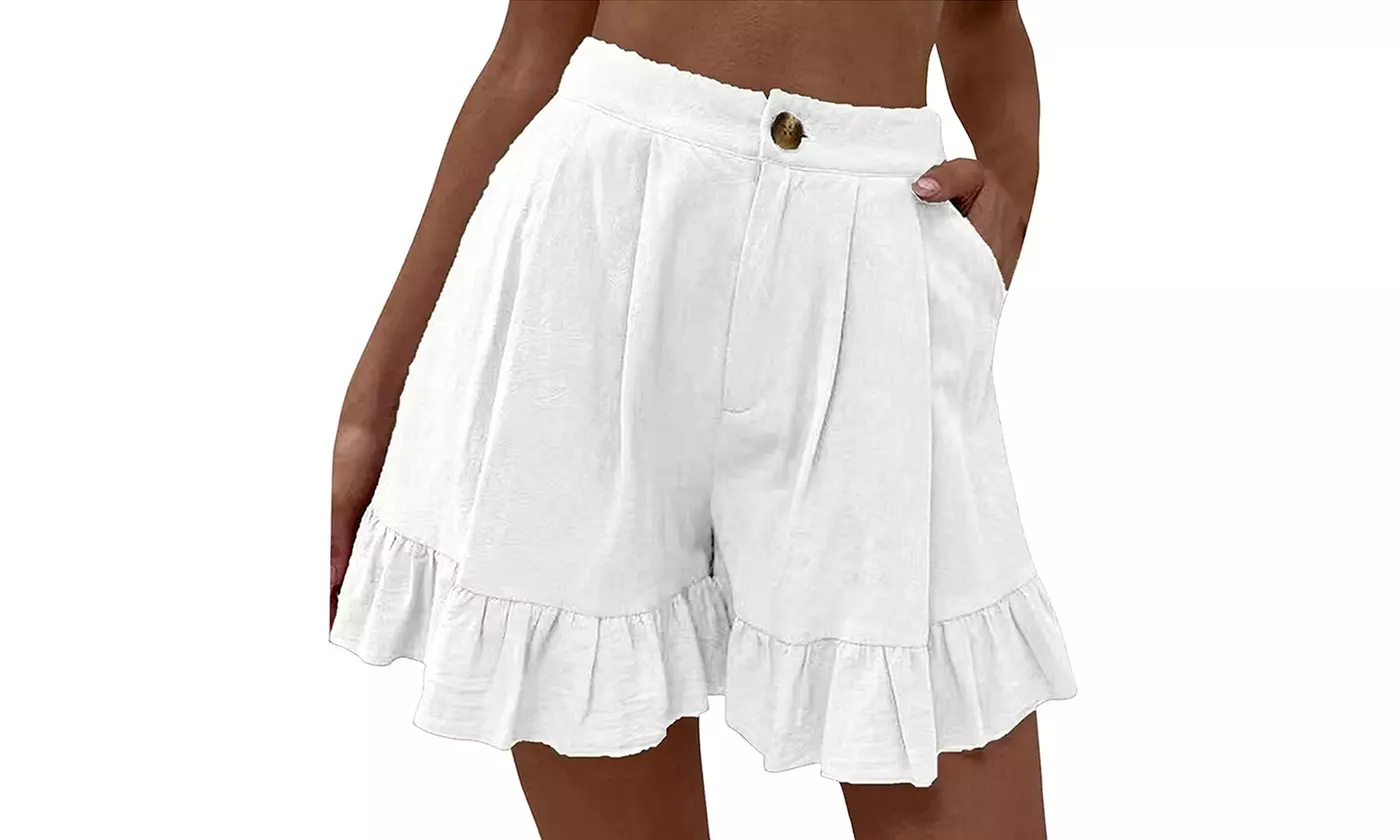 Women Ladies High Waist Baggy Wide Leg Shorts Pleated Button Summer Hot Pants