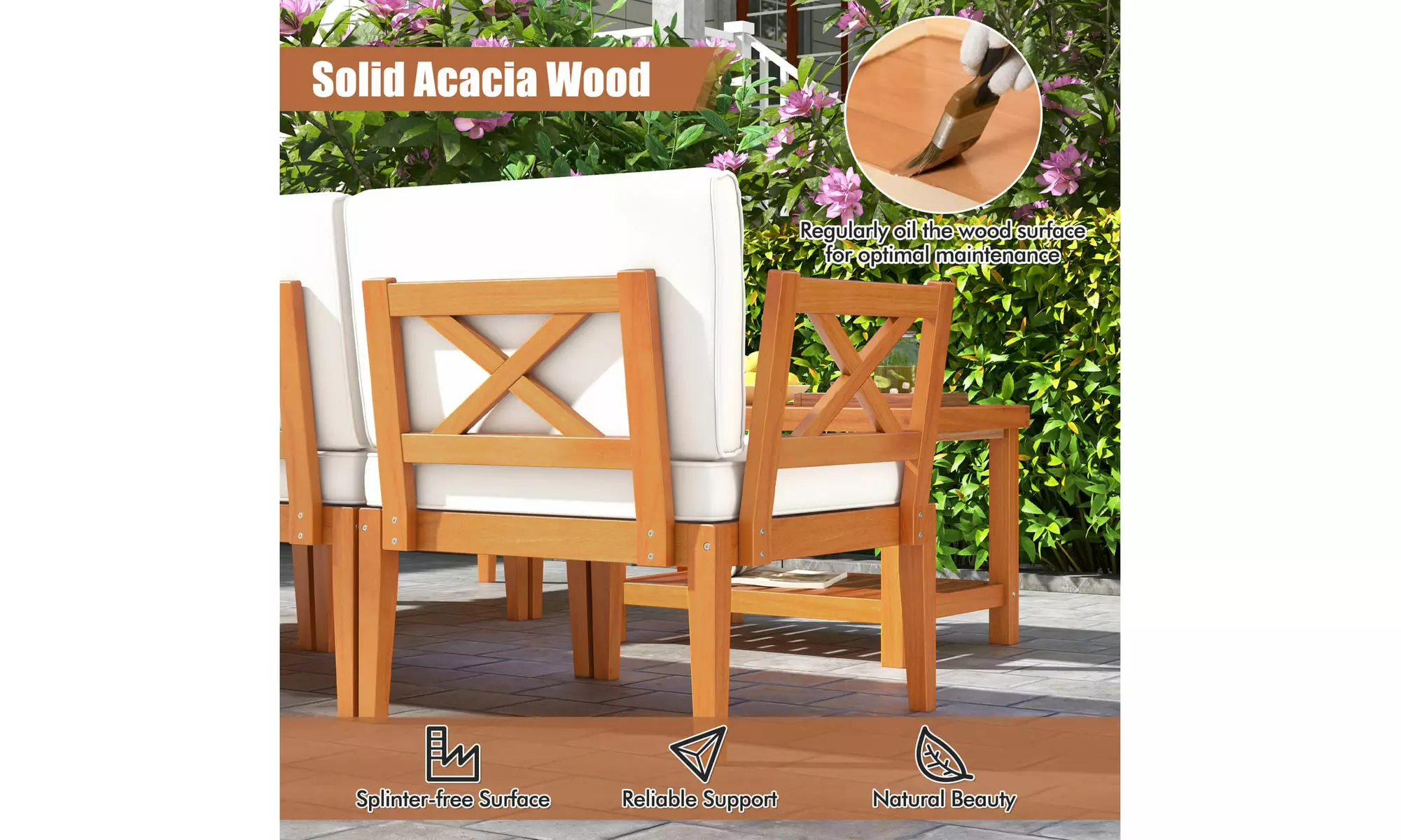 Costway Acacia Wood Patio Furniture Set with Cushions and 2-Tier Coffee Table