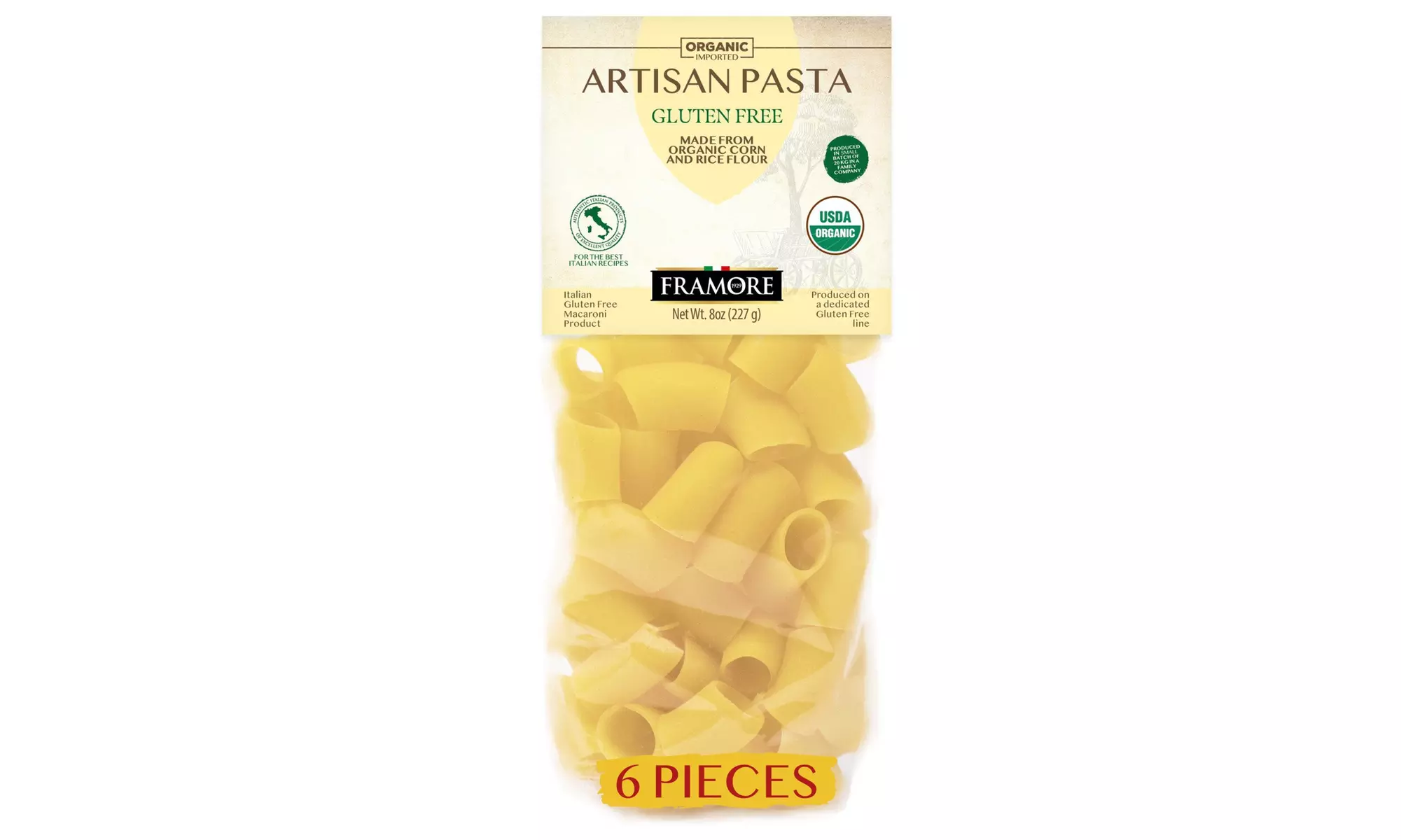 FRAMORE Paccheri Pasta Gluten Free, Organic, Corn and Rice, Authentic Italian - Primary Image