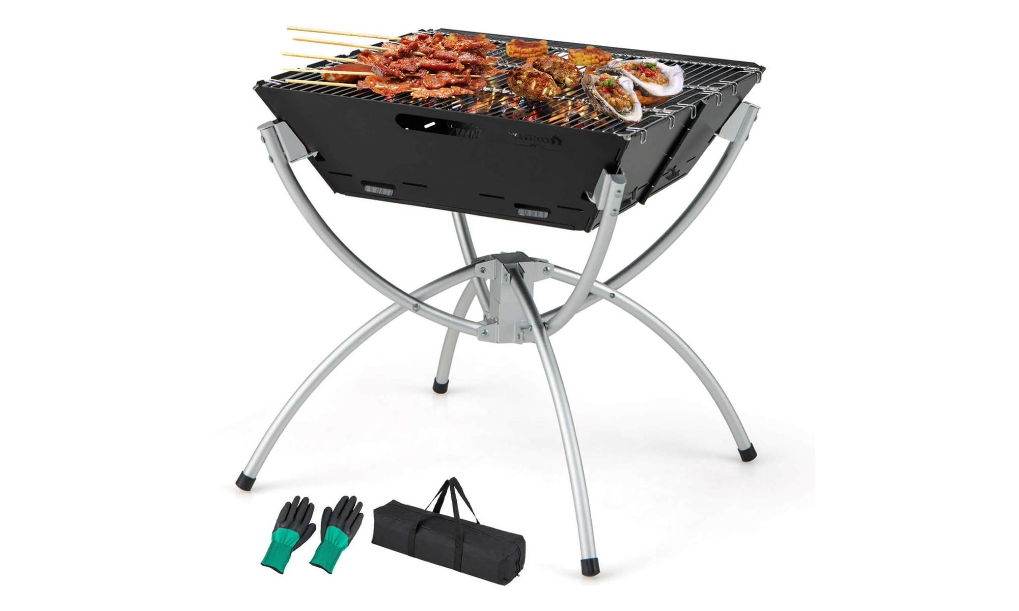 3-in-1 Portable Charcoal Grill Folding Camping Fire Pit w/ Carrying Bag & Gloves