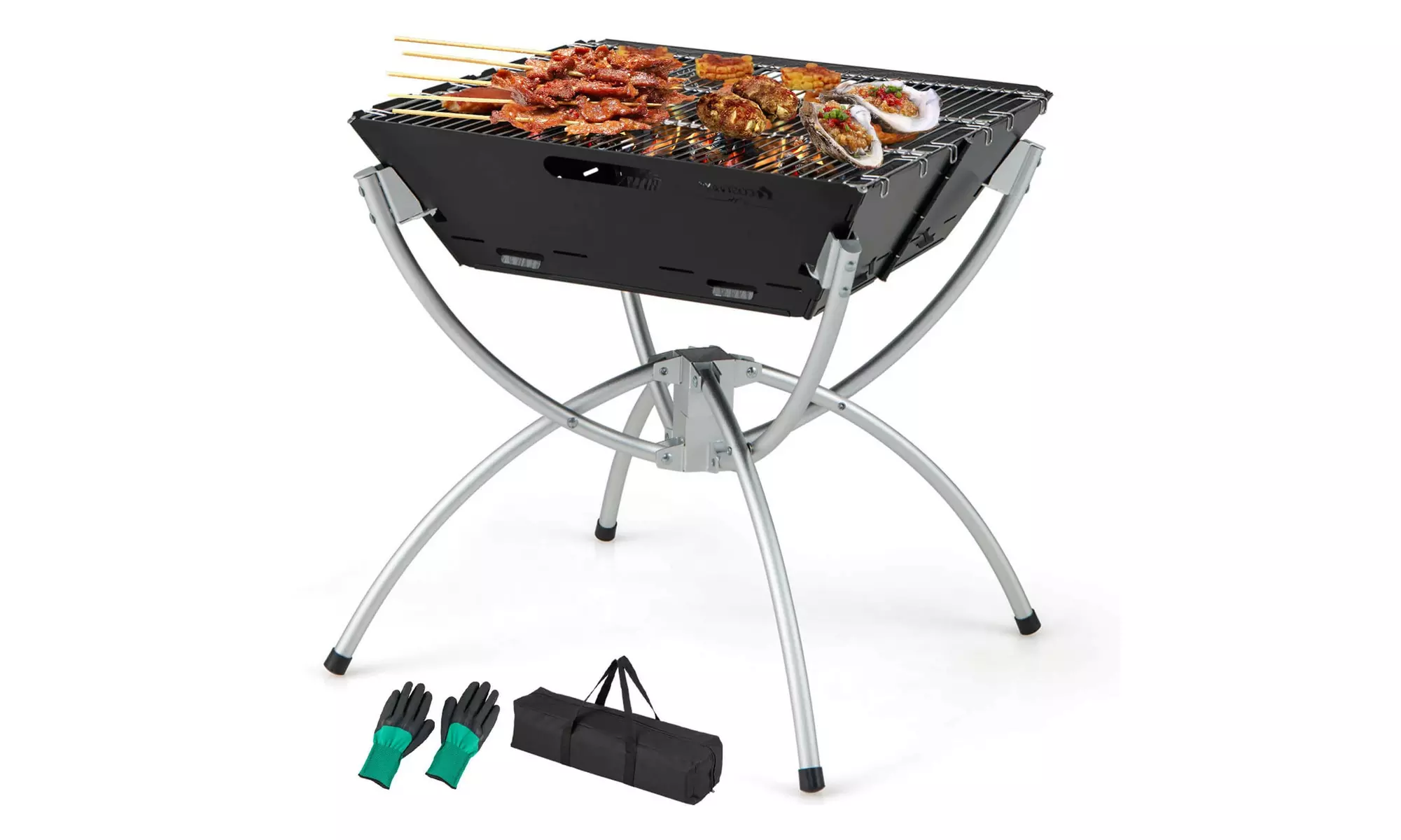 3-in-1 Portable Charcoal Grill Folding Camping Fire Pit w/ Carrying Bag & Gloves