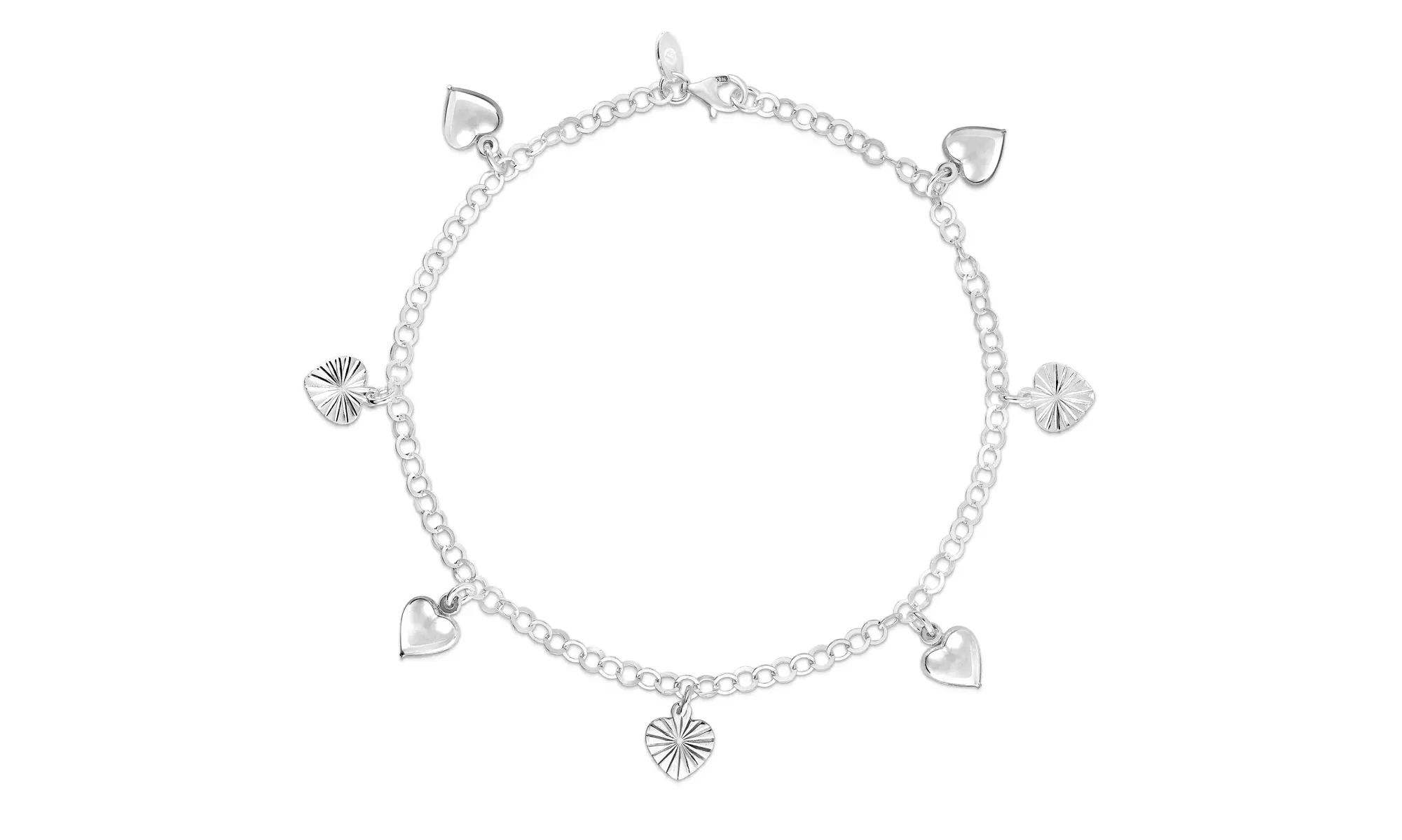 Italian Solid Sterling Silver Diamond Cut Heart Charm Anklet