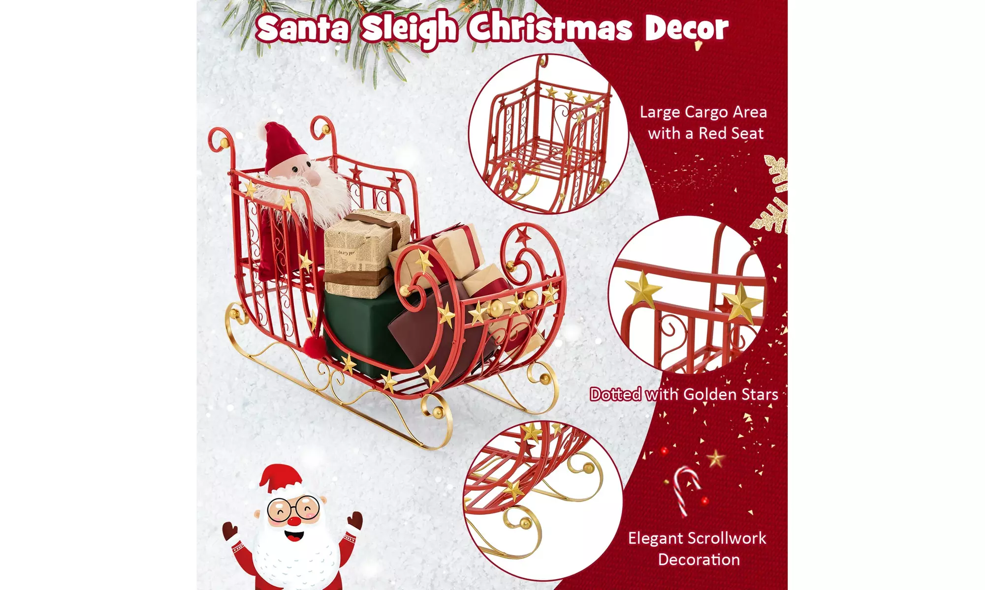 Costway Red Santa Sleigh w/ Large Cargo Area Gifts Metal Christmas Holiday Decor