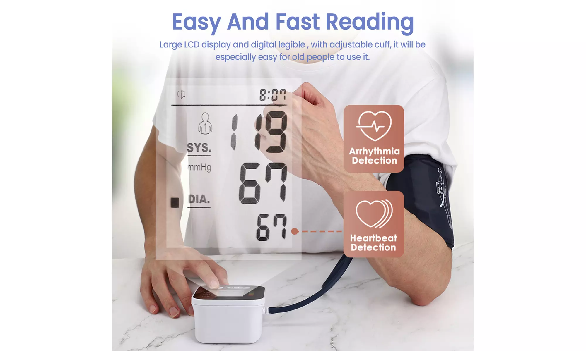 Arm Blood Pressure Monitor; Large LCD, 2-User Memory, Adjustable Cuff